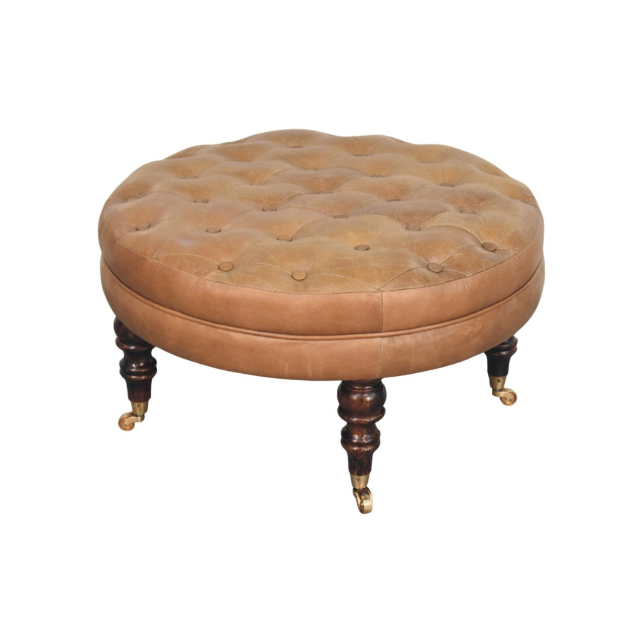 Brown Buffalo Leather Round Ottoman – Solid Mango Wood Castor Legs
