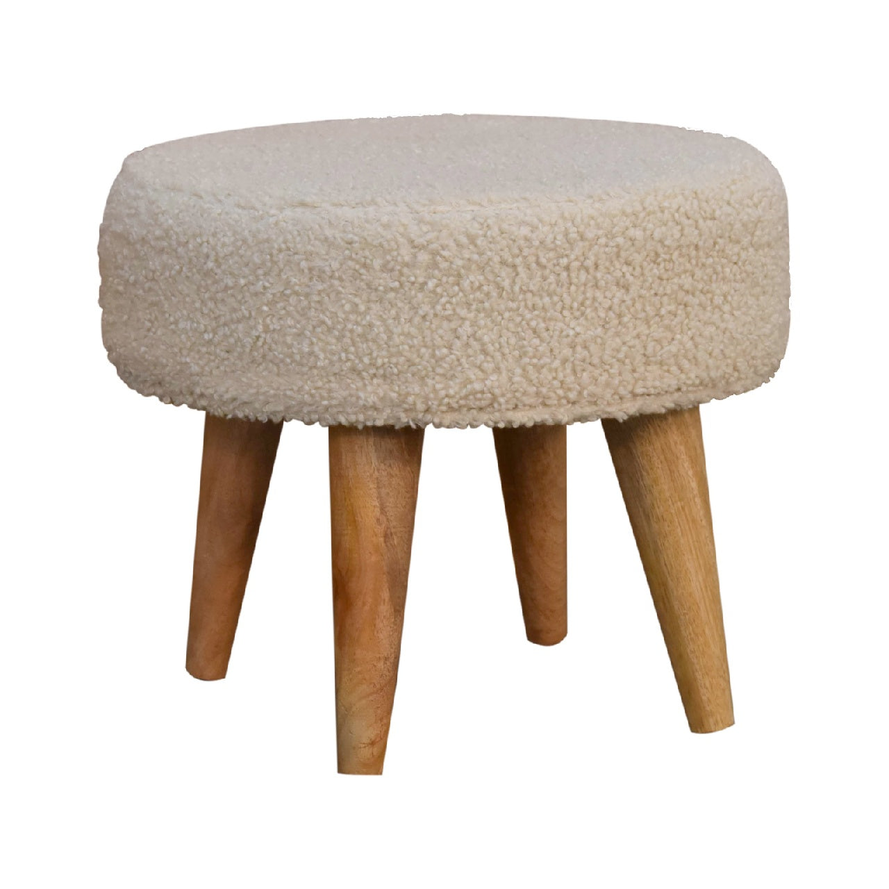 Cream Bouclé Petite Footstool – Handwoven Cotton with Solid Wood Legs