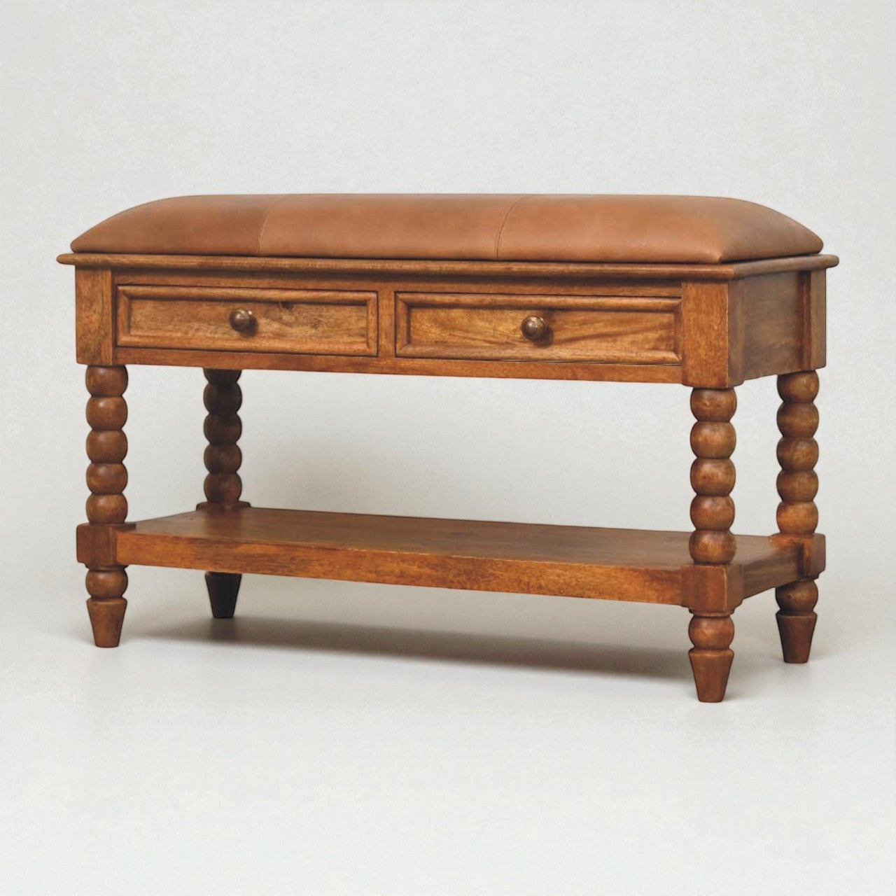 Handmade Mango Wood Entryway Bench with Cushion – Vintage Turned Legs & Storage Drawers