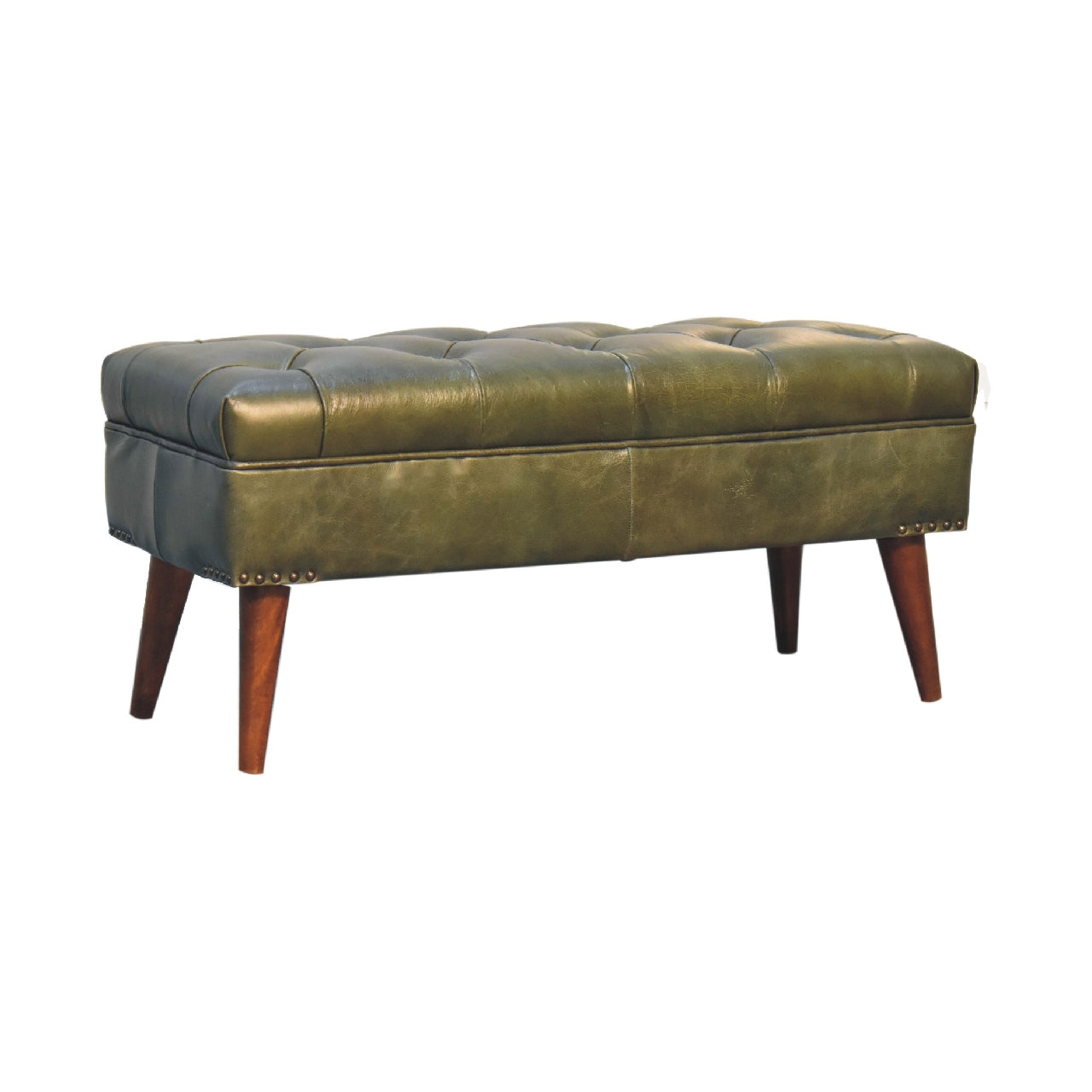 Harbour Green Leather Bench – Olive Buffalo Hide & Solid Wood Legs