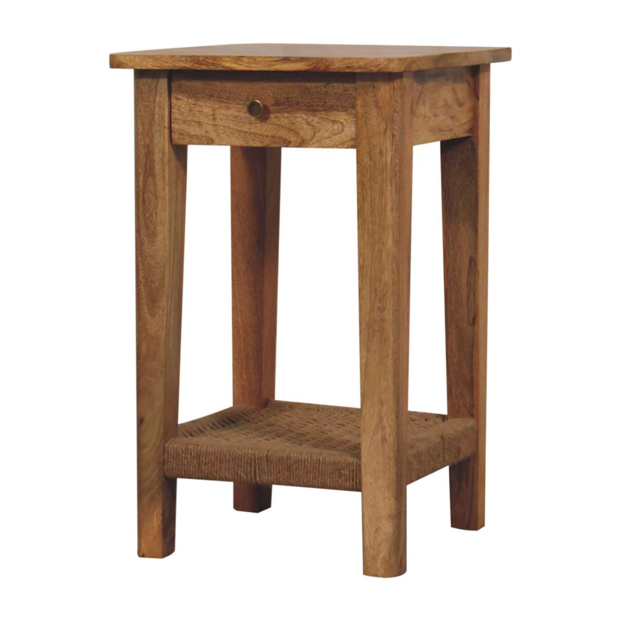 Oak Parquet End Table with Rope Shelf — Solid Mango Wood