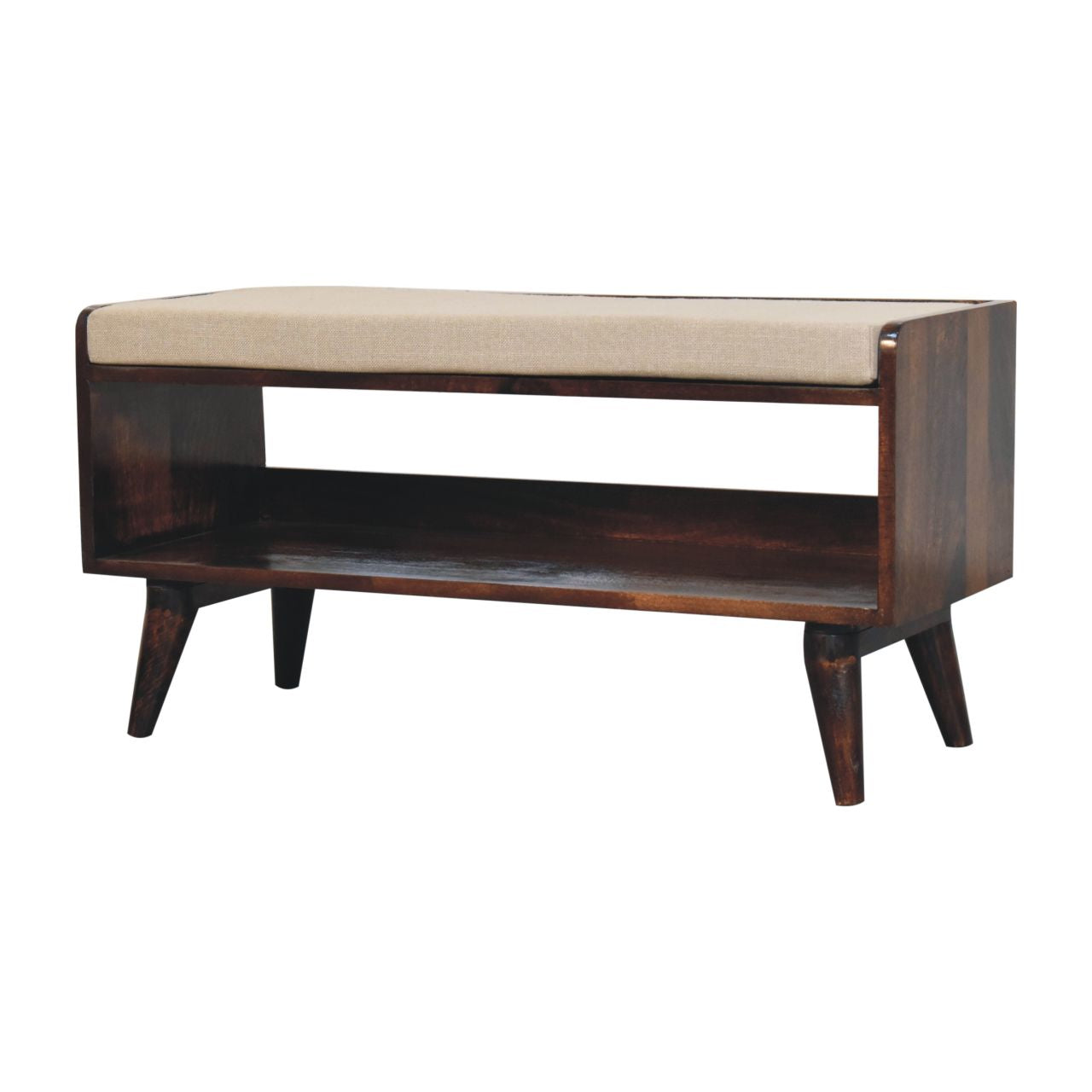 California Walnut Bench with Mud Linen Seat Pad – Solid Mango Wood