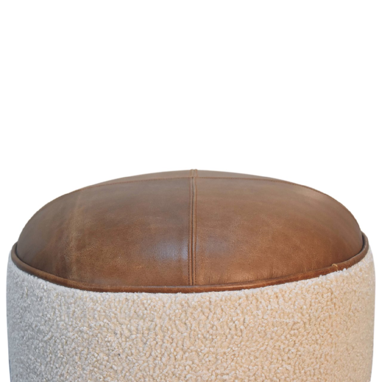 Cream Bouclé Buffalo Footstool – Leather & Cotton with Solid Wood Base