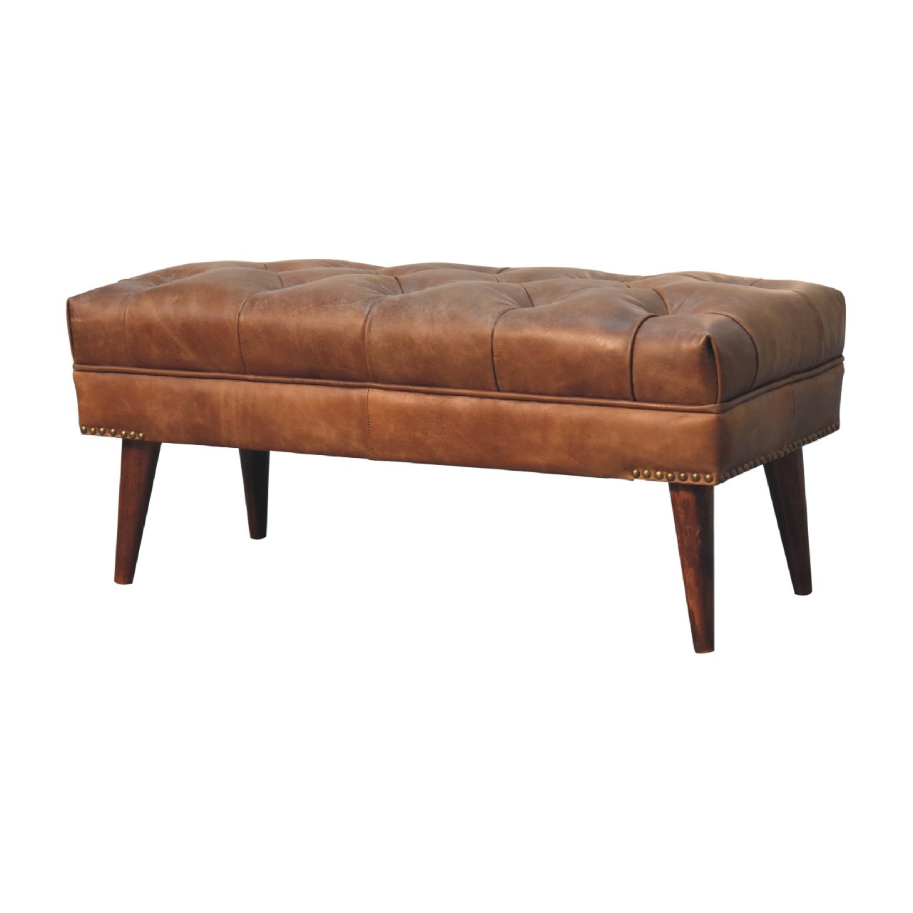 Harbour Brown Leather Bench – Tufted Buffalo Hide & Solid Wood Legs