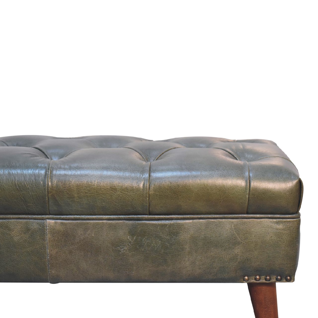 Harbour Green Leather Bench – Olive Buffalo Hide & Solid Wood Legs