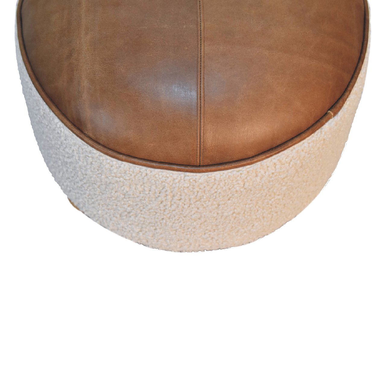 Cream Bouclé Buffalo Footstool – Leather & Cotton with Solid Wood Base