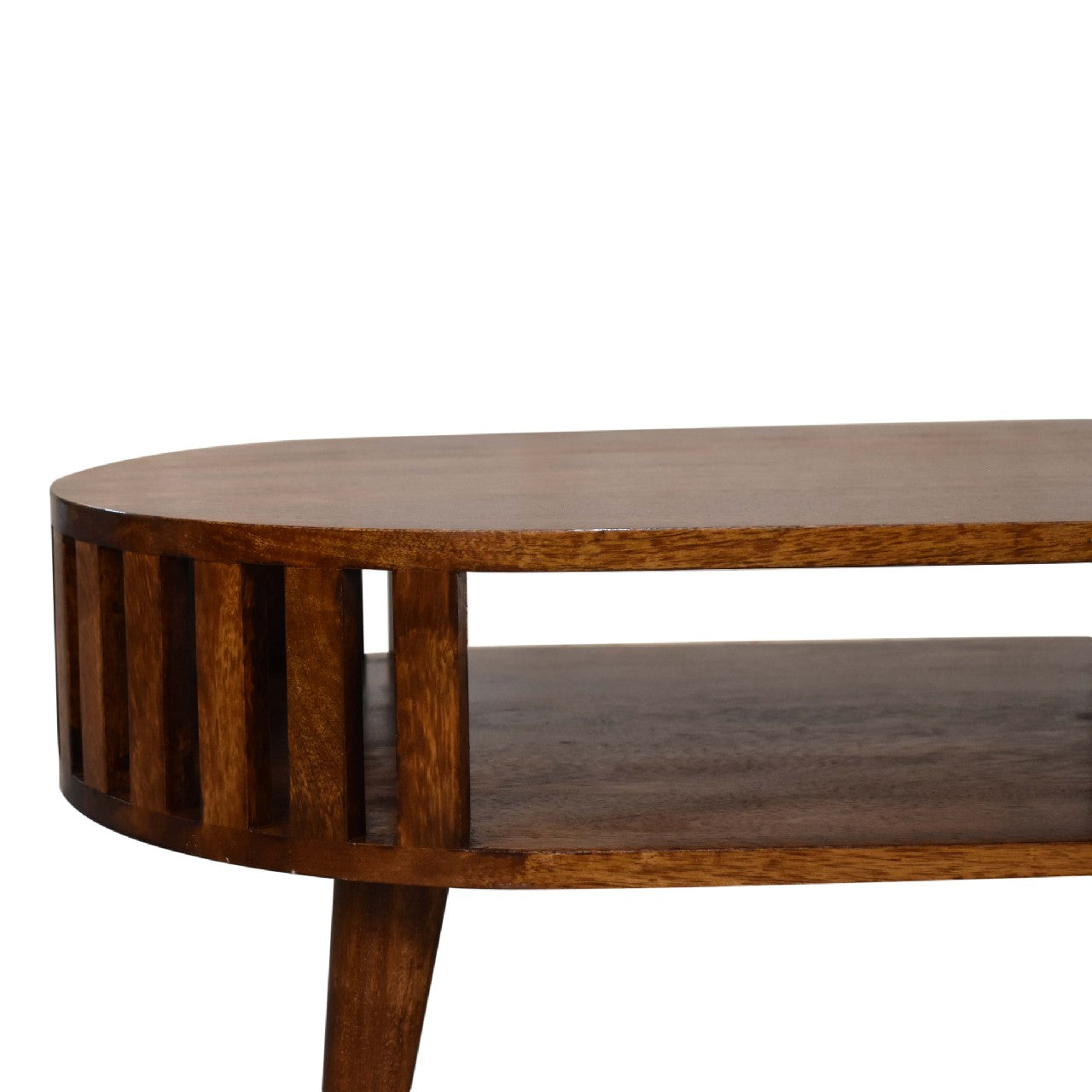 Round Walnut Coffee Table with Open Shelf — Solid Mango Wood