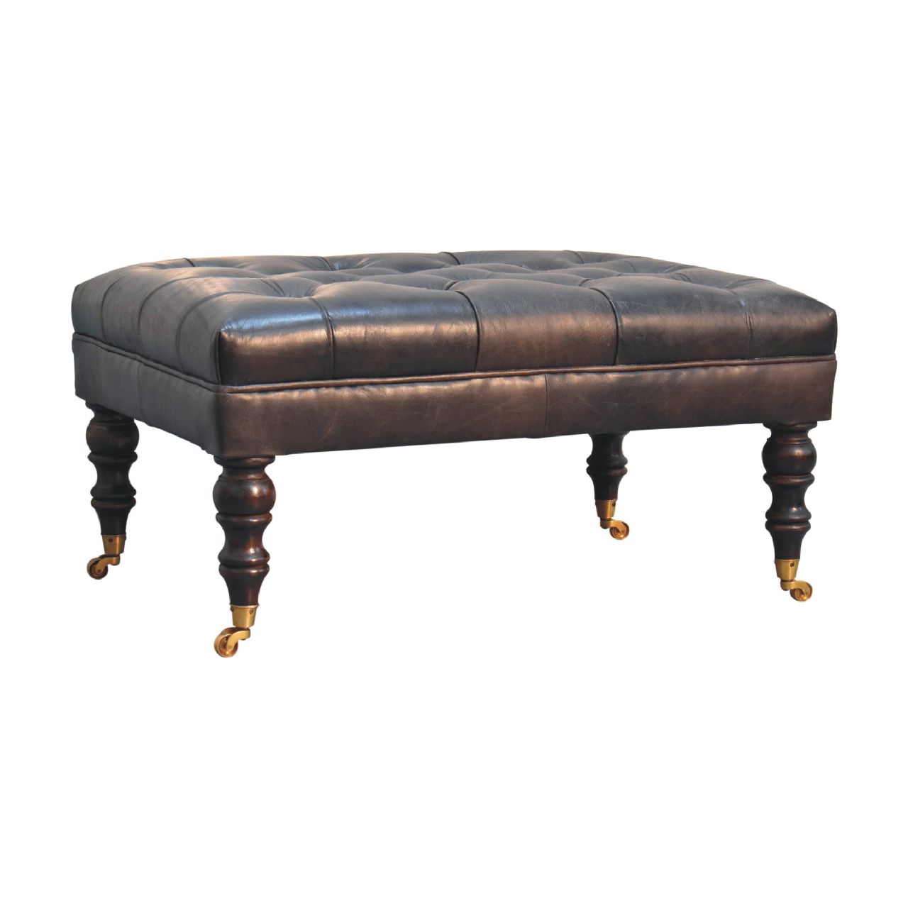 Buffalo Ash Black Leather Bench Ottoman – Solid Mango Wood Castor Legs