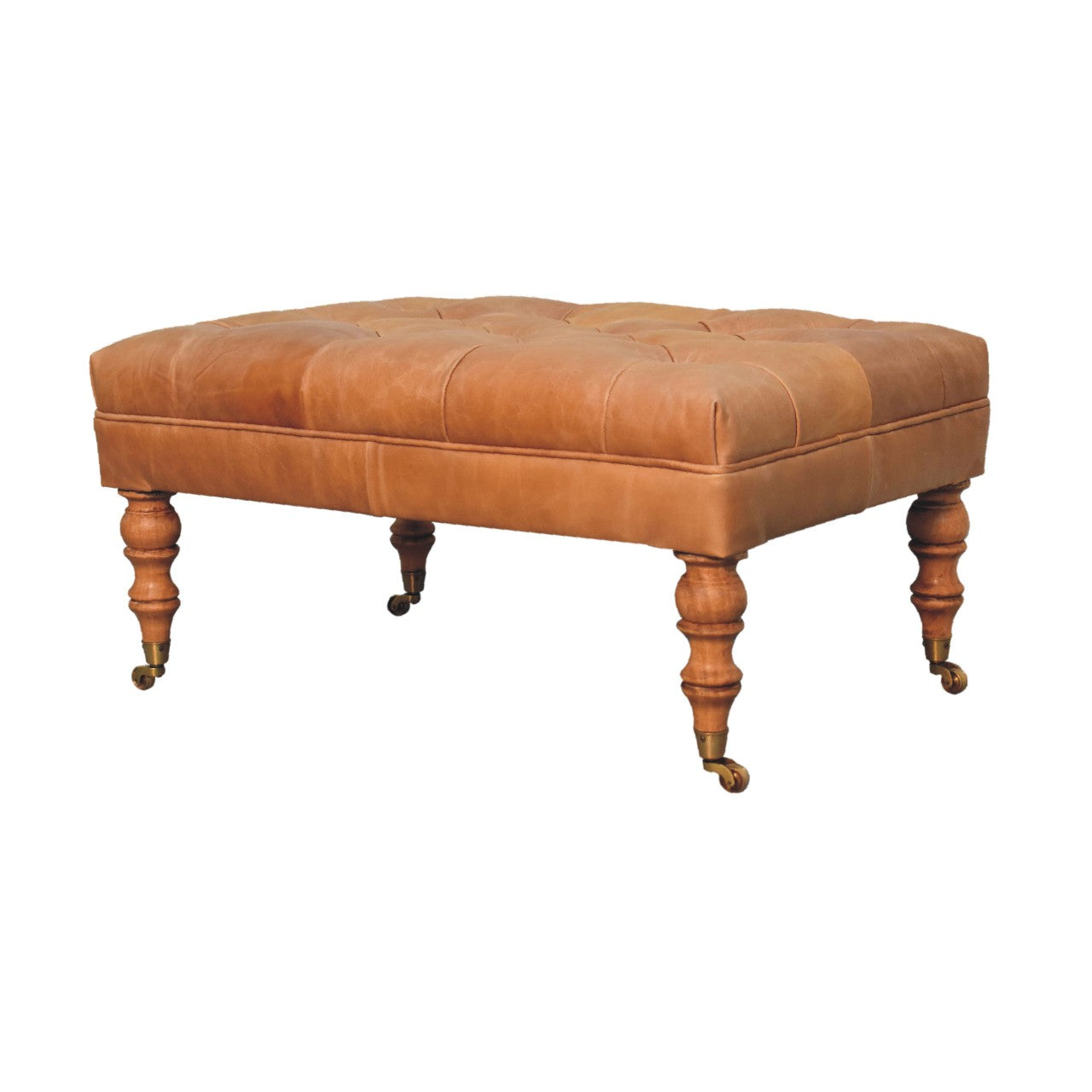 Buffalo Tan Leather Ottoman – Solid Mango Wood Castor Legs