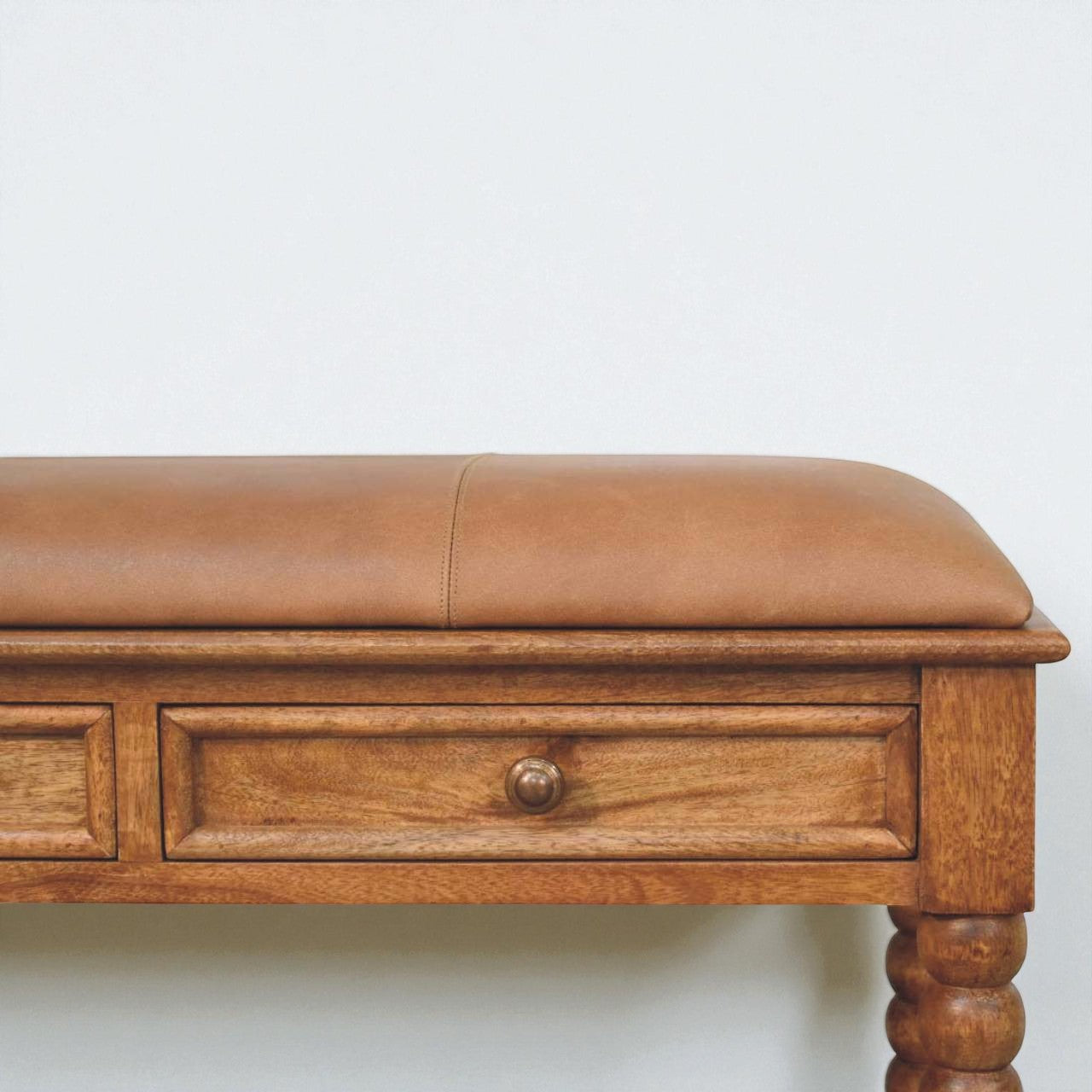 Handmade Mango Wood Entryway Bench with Cushion – Vintage Turned Legs & Storage Drawers