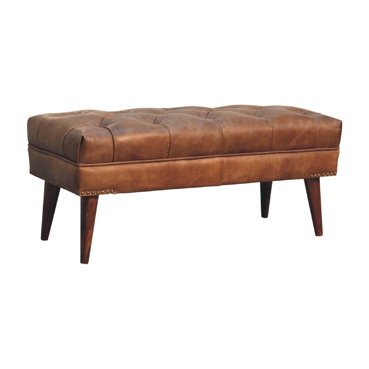 Harbour Brown Leather Bench – Tufted Buffalo Hide & Solid Wood Legs