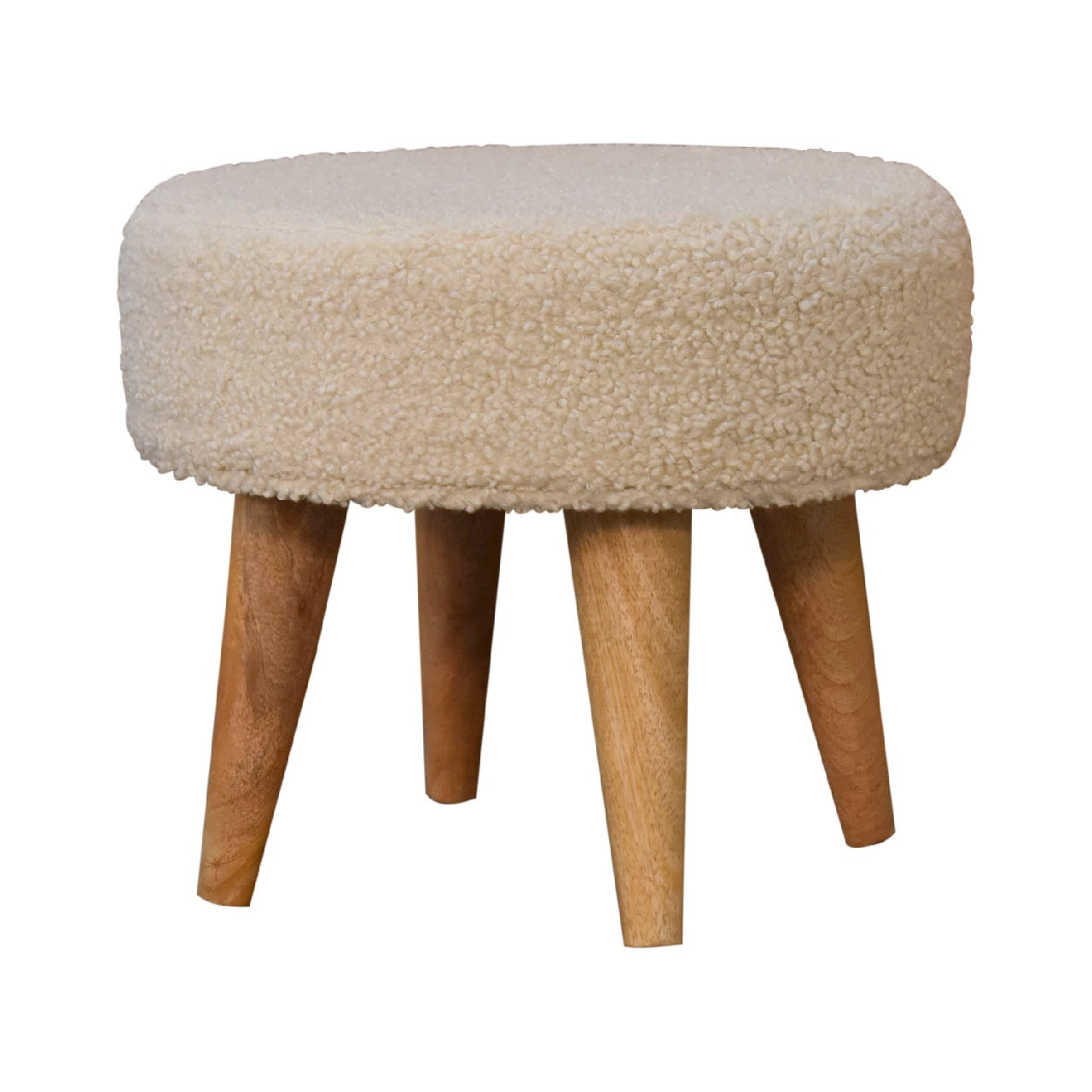 Cream Bouclé Petite Footstool – Handwoven Cotton with Solid Wood Legs