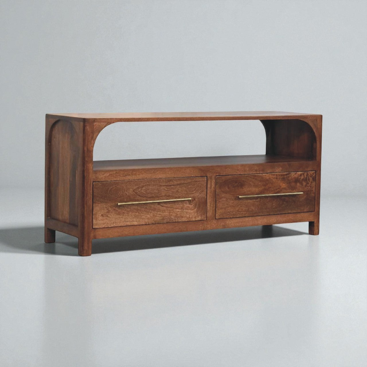 Arc-Line Solid Mango Wood Media Console – Roasted Almond Finish