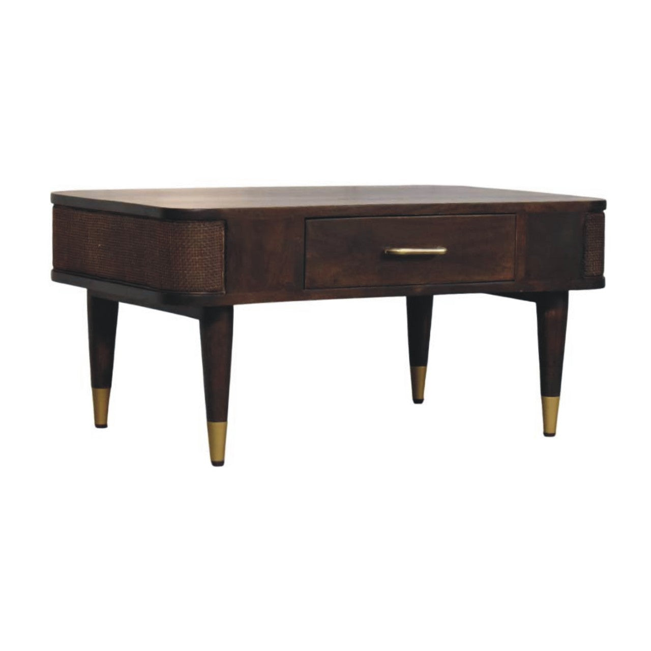 Velvet Mocha Coffee Table with Drawer & Brass Accents – Elegant Solid Mango Wood Table