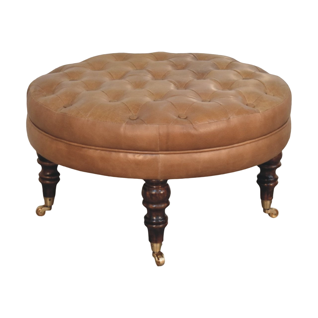Brown Buffalo Leather Round Ottoman – Solid Mango Wood Castor Legs