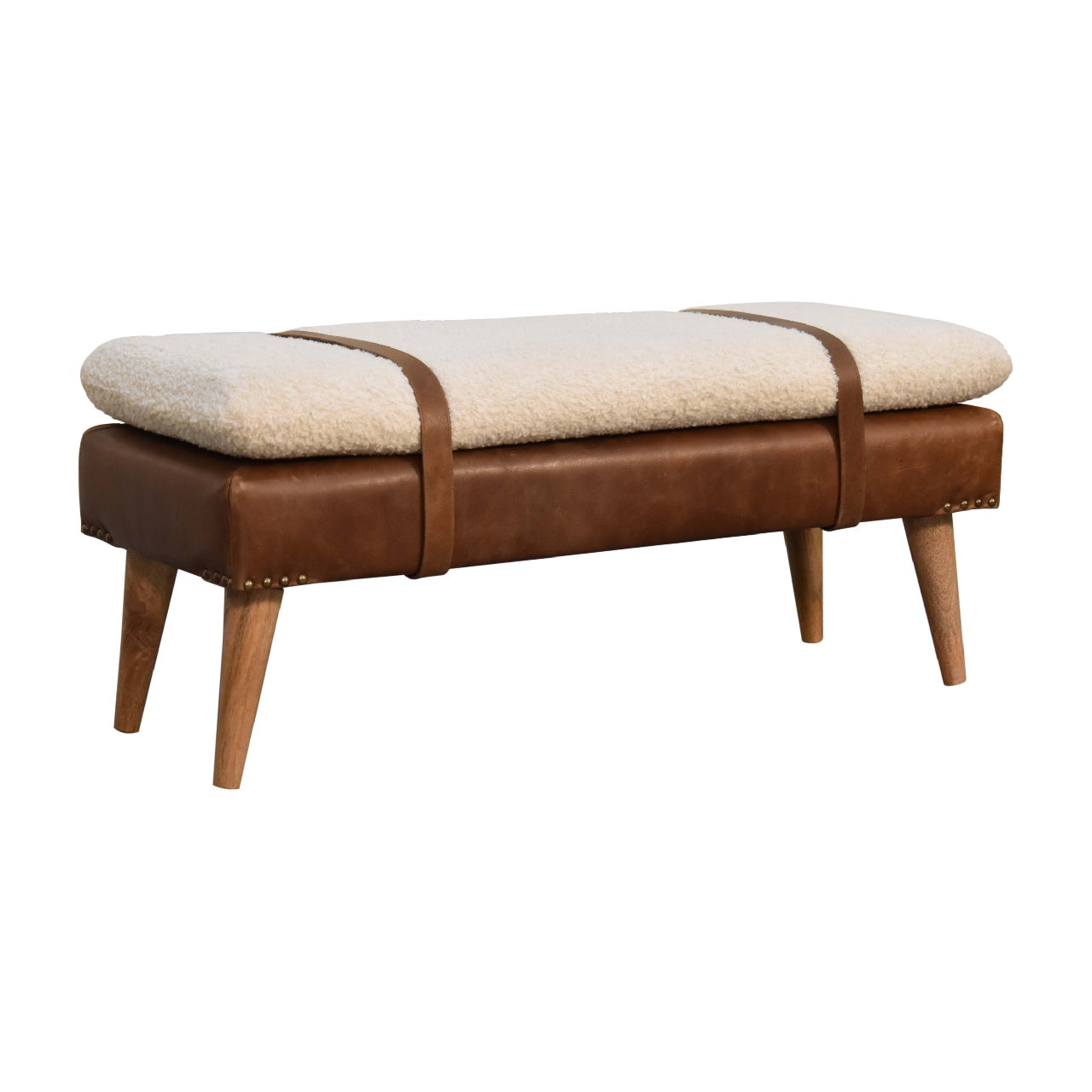 Bouclé & Buffalo Hide Leather Bench – Oak Finish Legs