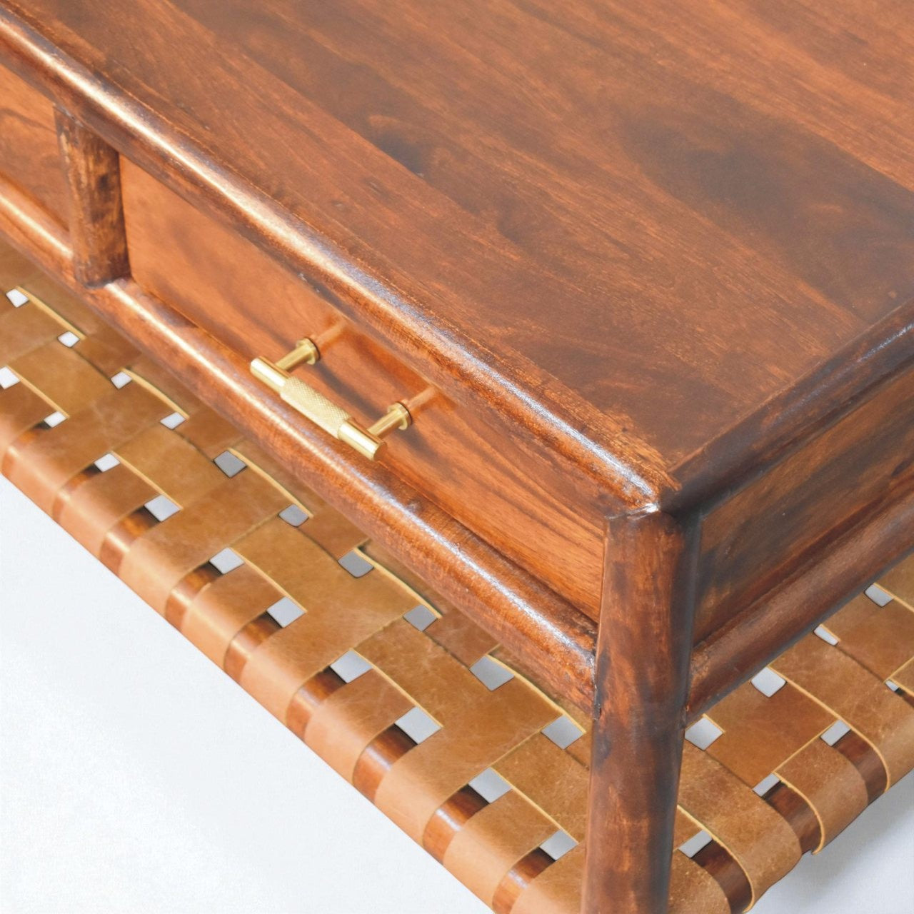 Handmade Regency Woven Console Table – Mango Wood Chestnut Finish with Drawers