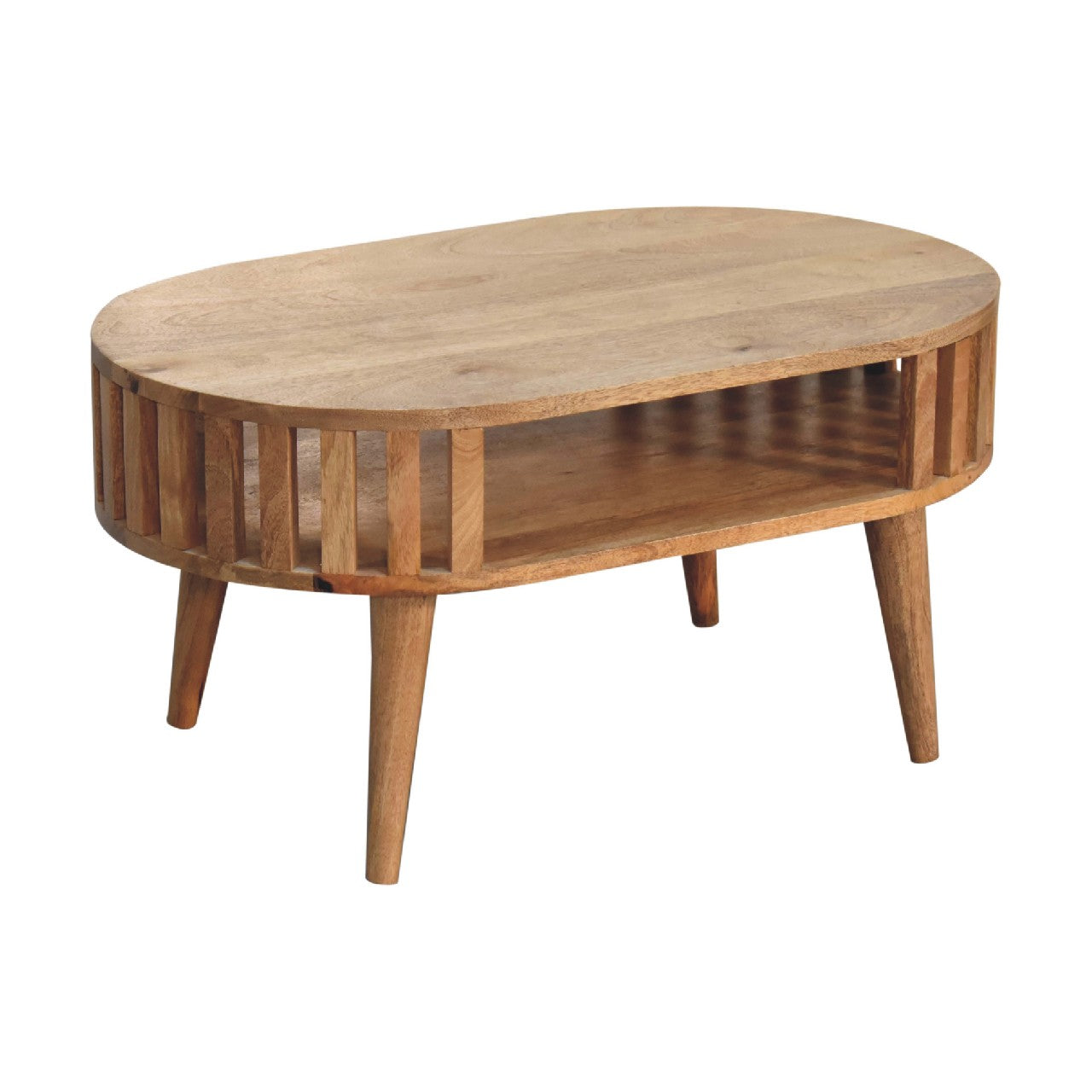Round Oak Coffee Table with Open Shelf — Solid Mango Wood