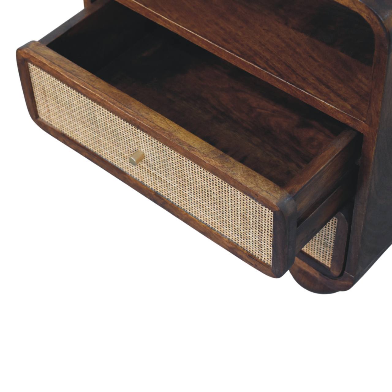 Larissa Rattan Nightstand – 2 Drawer Solid Mango Wood in Chestnut Finish