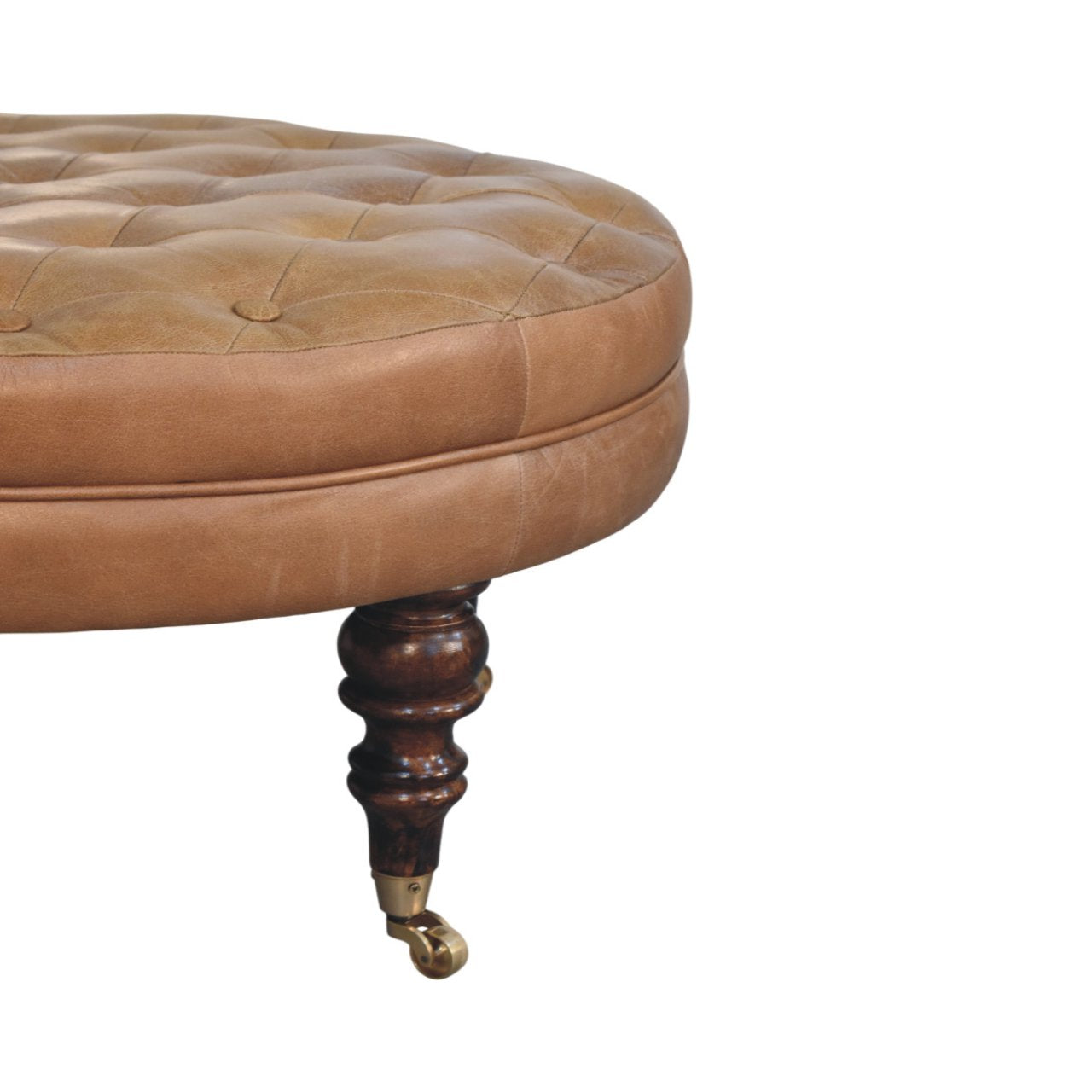 Brown Buffalo Leather Round Ottoman – Solid Mango Wood Castor Legs