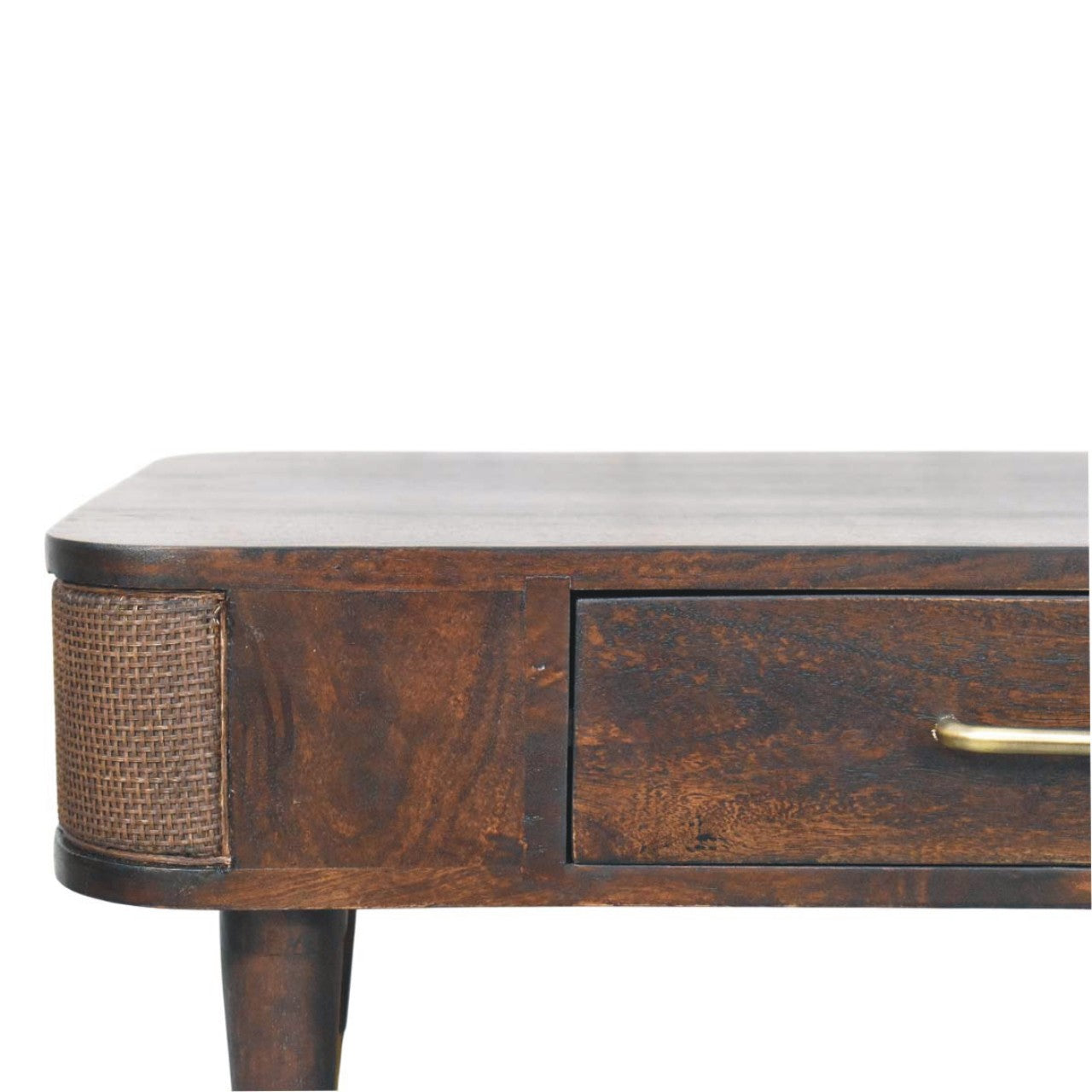 Velvet Mocha Coffee Table with Drawer & Brass Accents – Elegant Solid Mango Wood Table