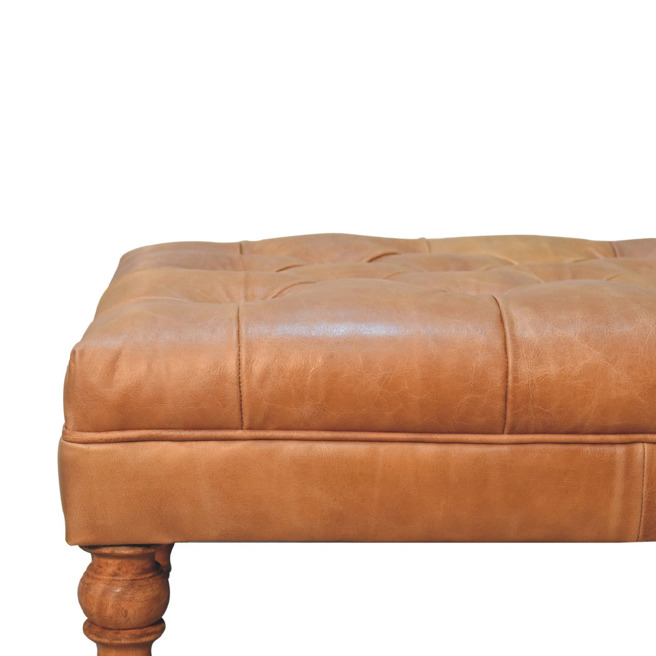 Buffalo Tan Leather Ottoman – Solid Mango Wood Castor Legs