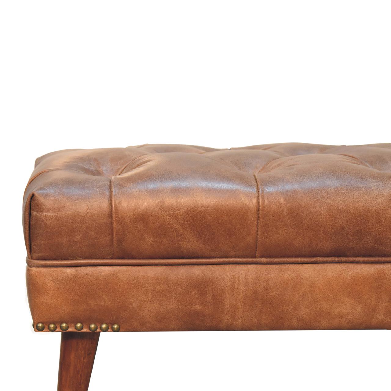 Harbour Brown Leather Bench – Tufted Buffalo Hide & Solid Wood Legs