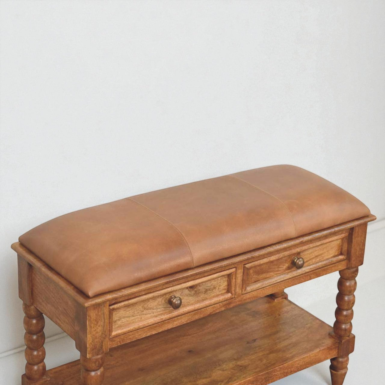 Handmade Mango Wood Entryway Bench with Cushion – Vintage Turned Legs & Storage Drawers