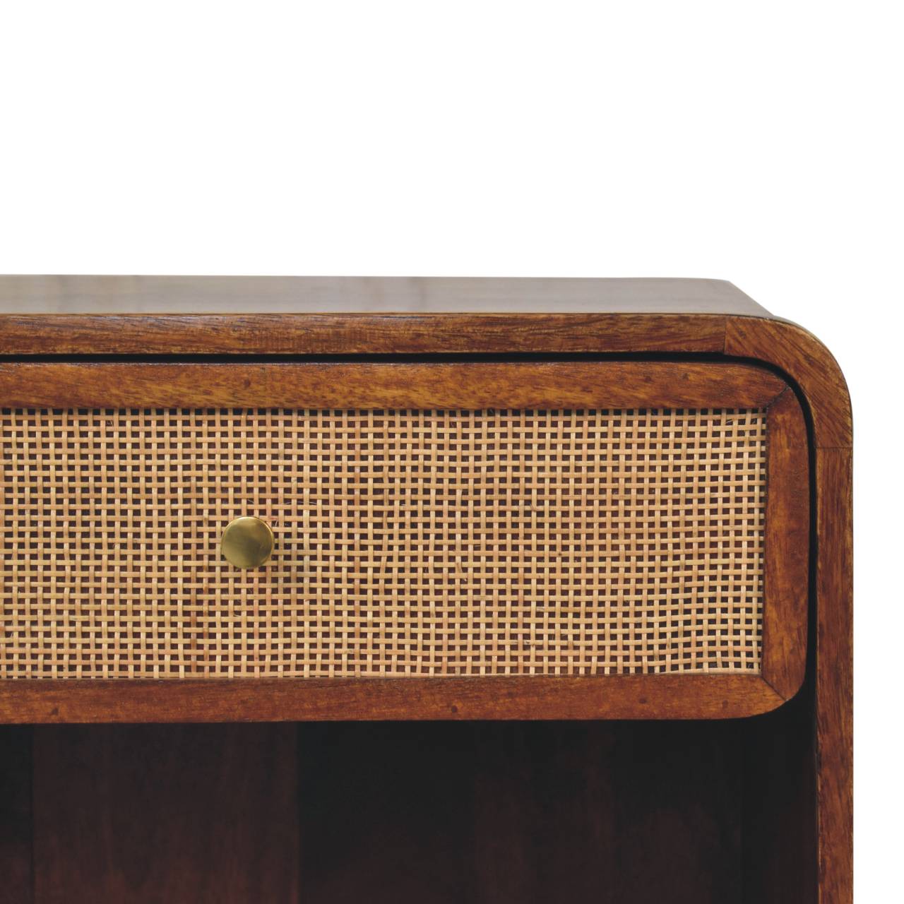 Chestnut Open Woven Bedside Table – Solid Mango Wood & Rattan Drawer