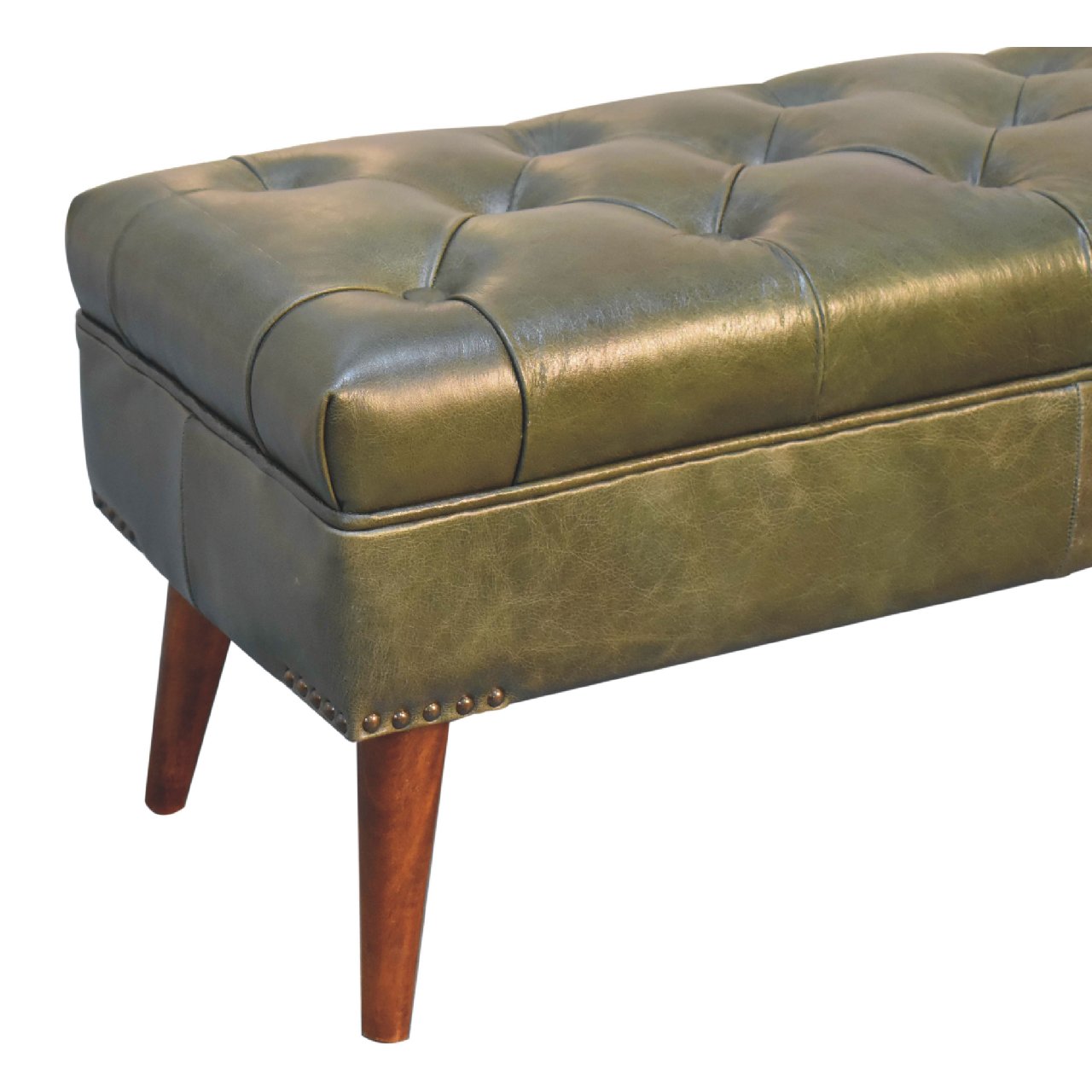 Harbour Green Leather Bench – Olive Buffalo Hide & Solid Wood Legs