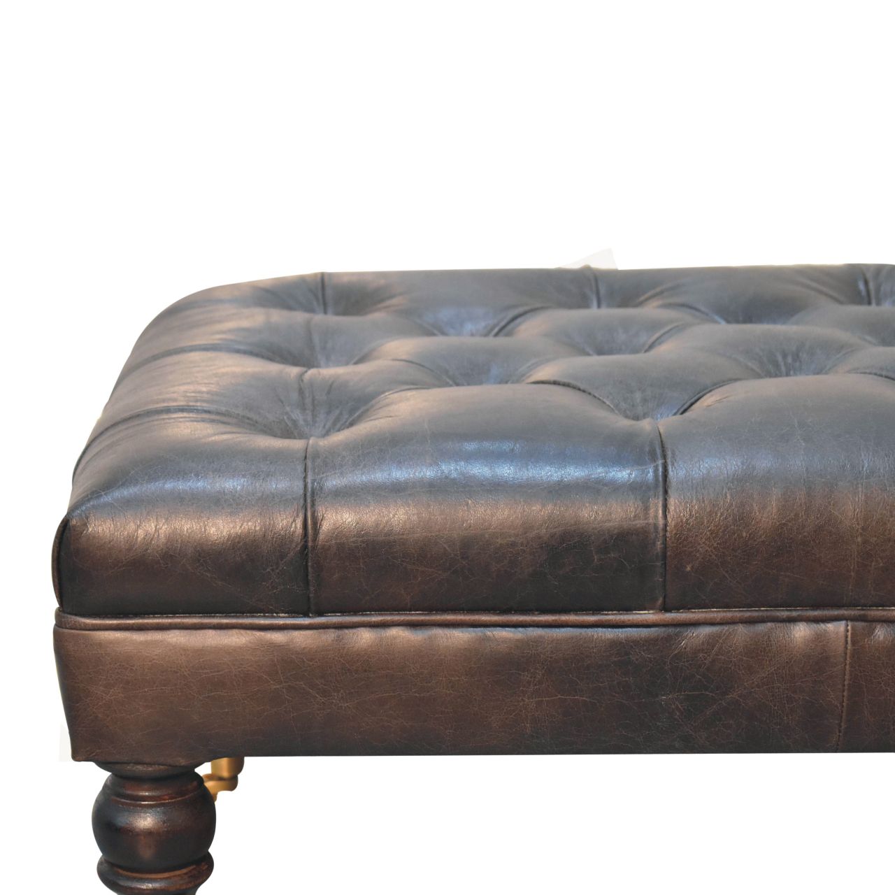 Buffalo Ash Black Leather Bench Ottoman – Solid Mango Wood Castor Legs