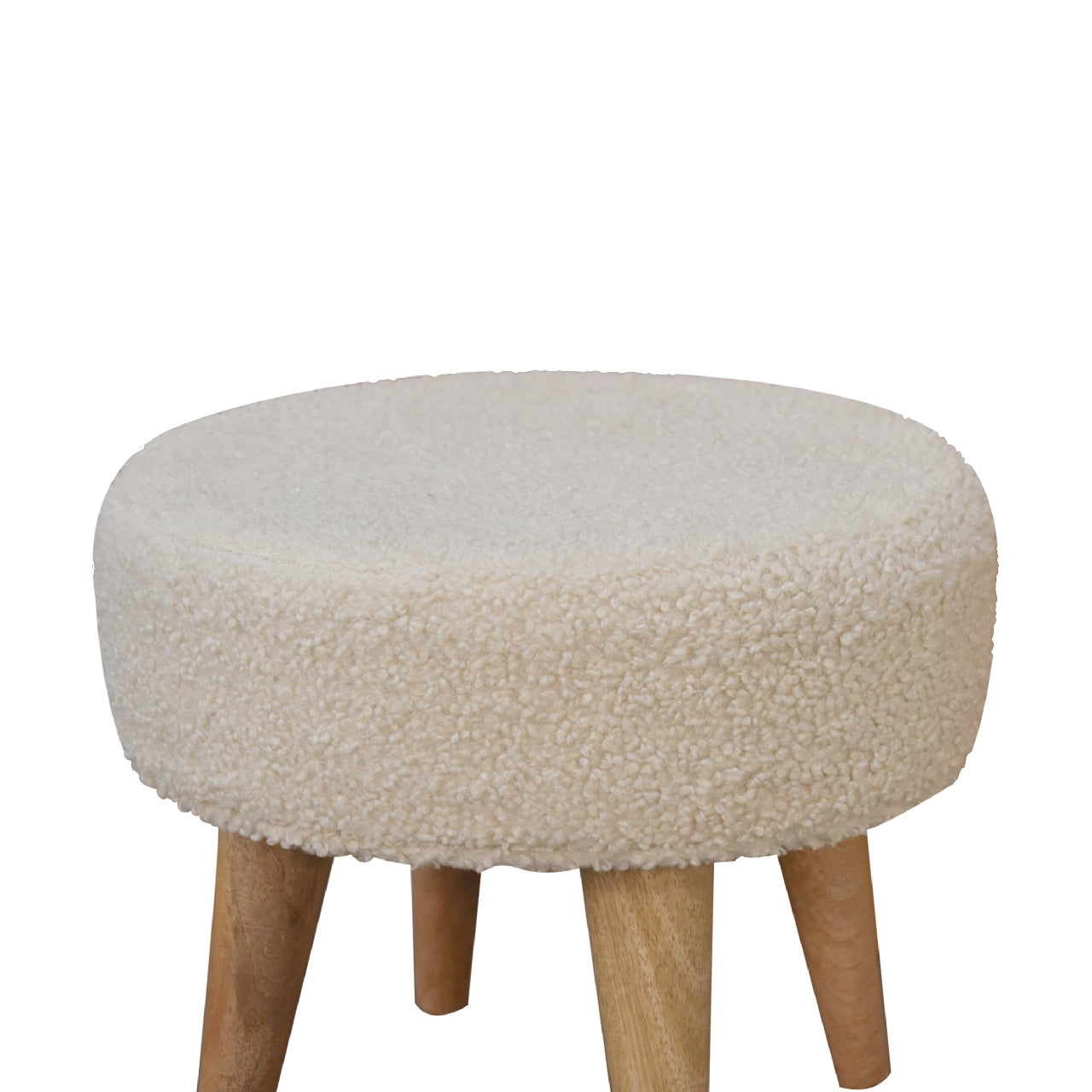 Cream Bouclé Petite Footstool – Handwoven Cotton with Solid Wood Legs