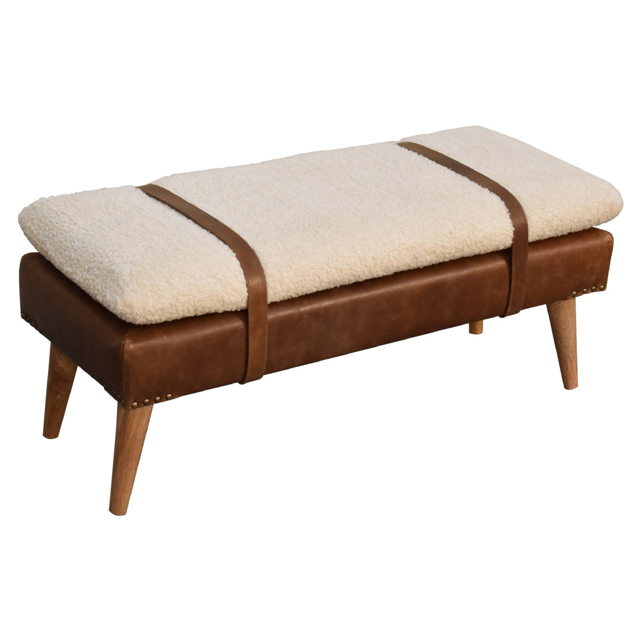Bouclé & Buffalo Hide Leather Bench – Oak Finish Legs