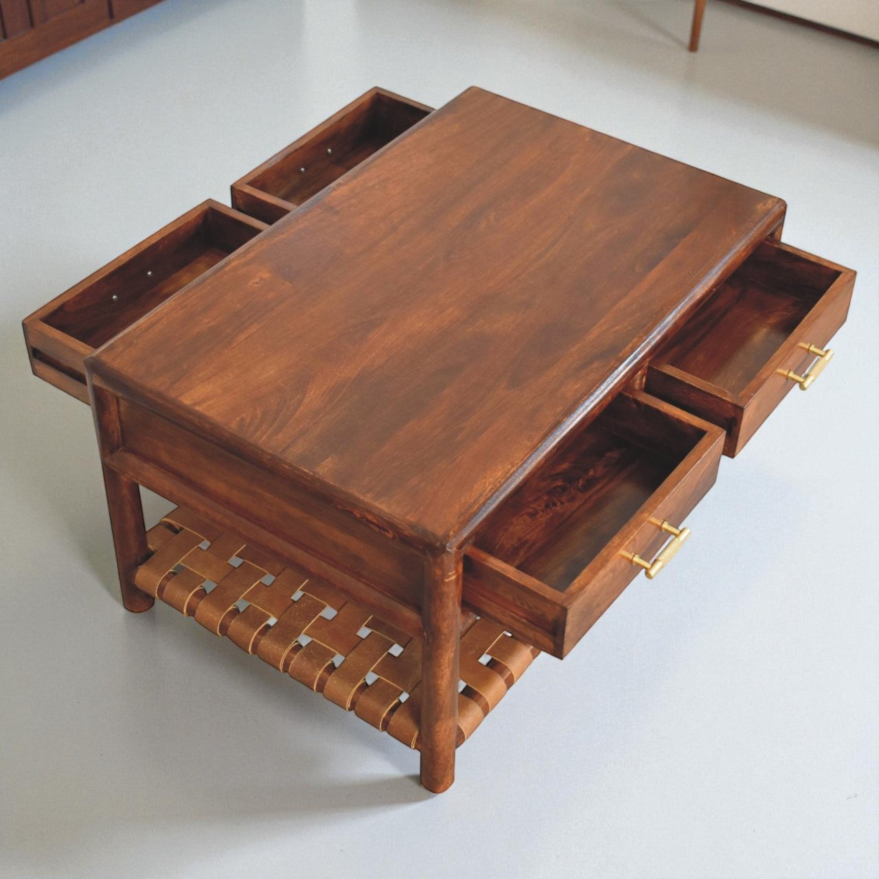 Handmade Regency Woven Console Table – Mango Wood Chestnut Finish with Drawers