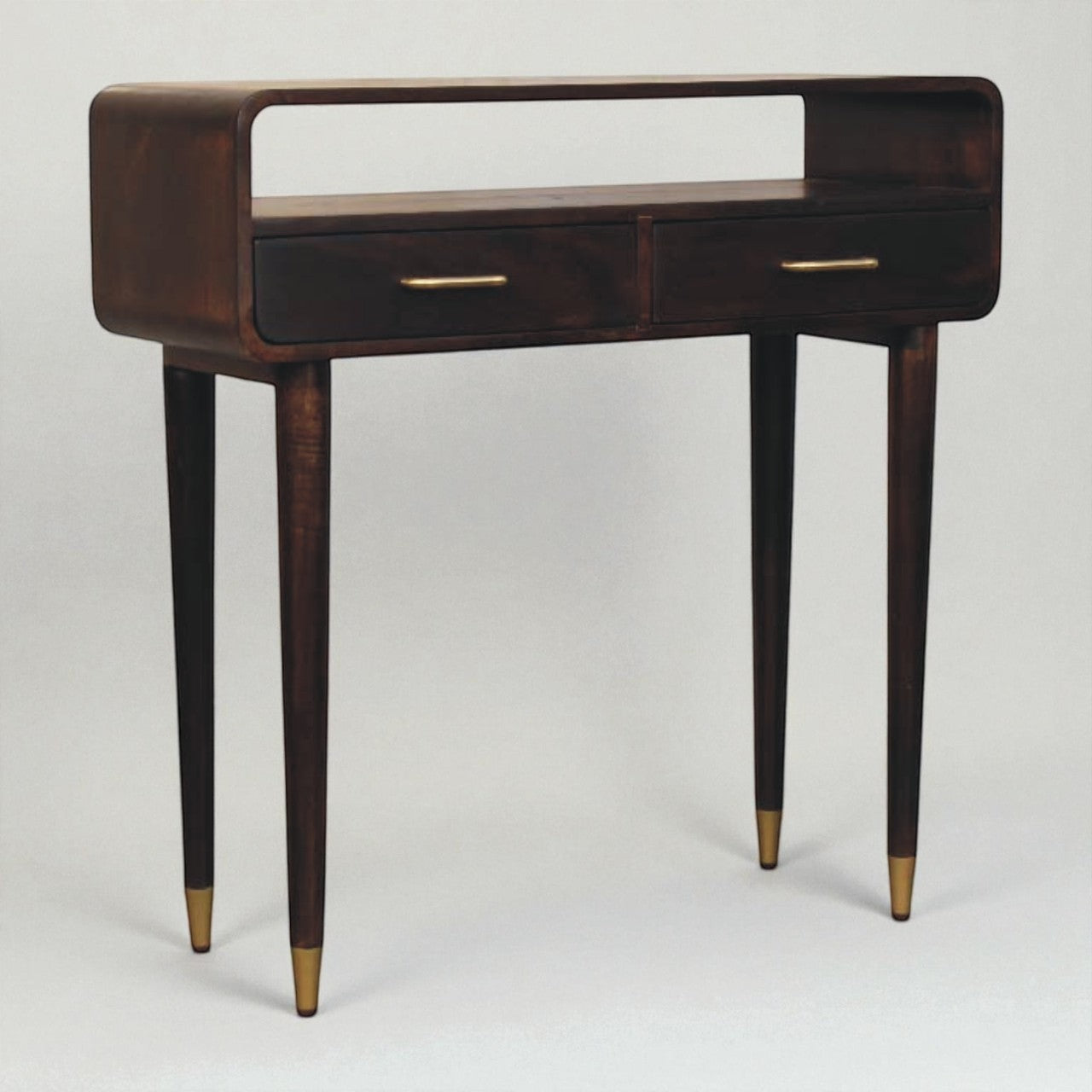 Apollo Curved Console Desk – Solid Mango Wood with Brass Accents