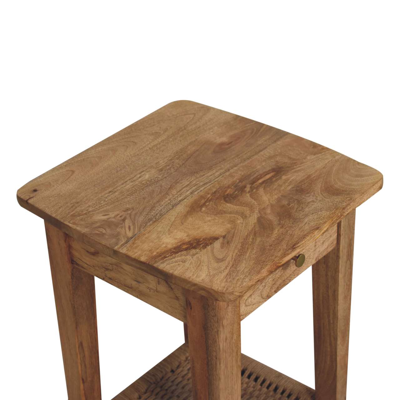 Oak Parquet End Table with Rope Shelf — Solid Mango Wood