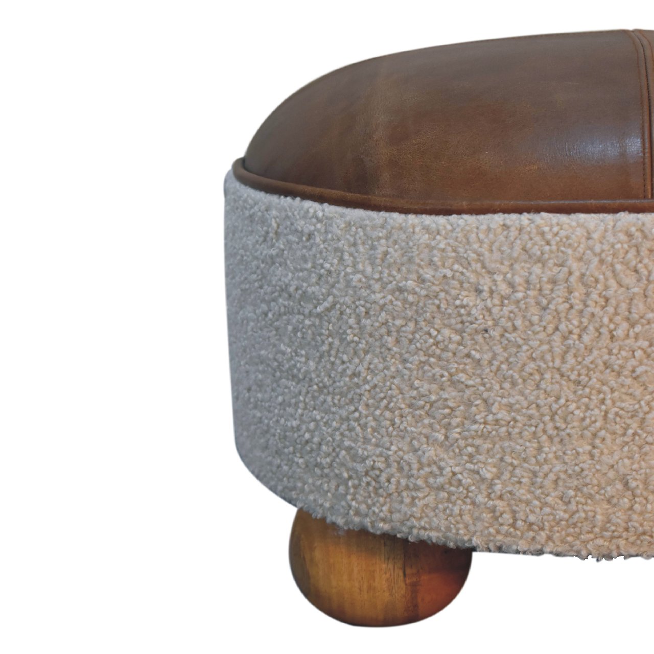 Cream Bouclé Buffalo Footstool – Leather & Cotton with Solid Wood Base