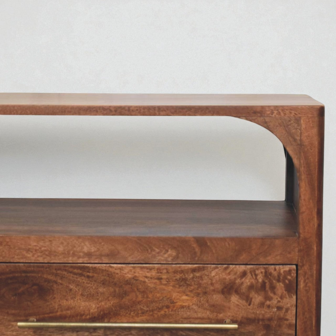 Arc-Line Solid Mango Wood Media Console – Roasted Almond Finish