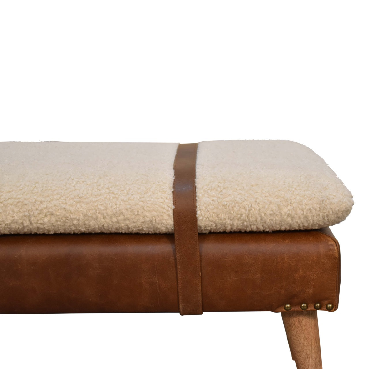 Bouclé & Buffalo Hide Leather Bench – Oak Finish Legs