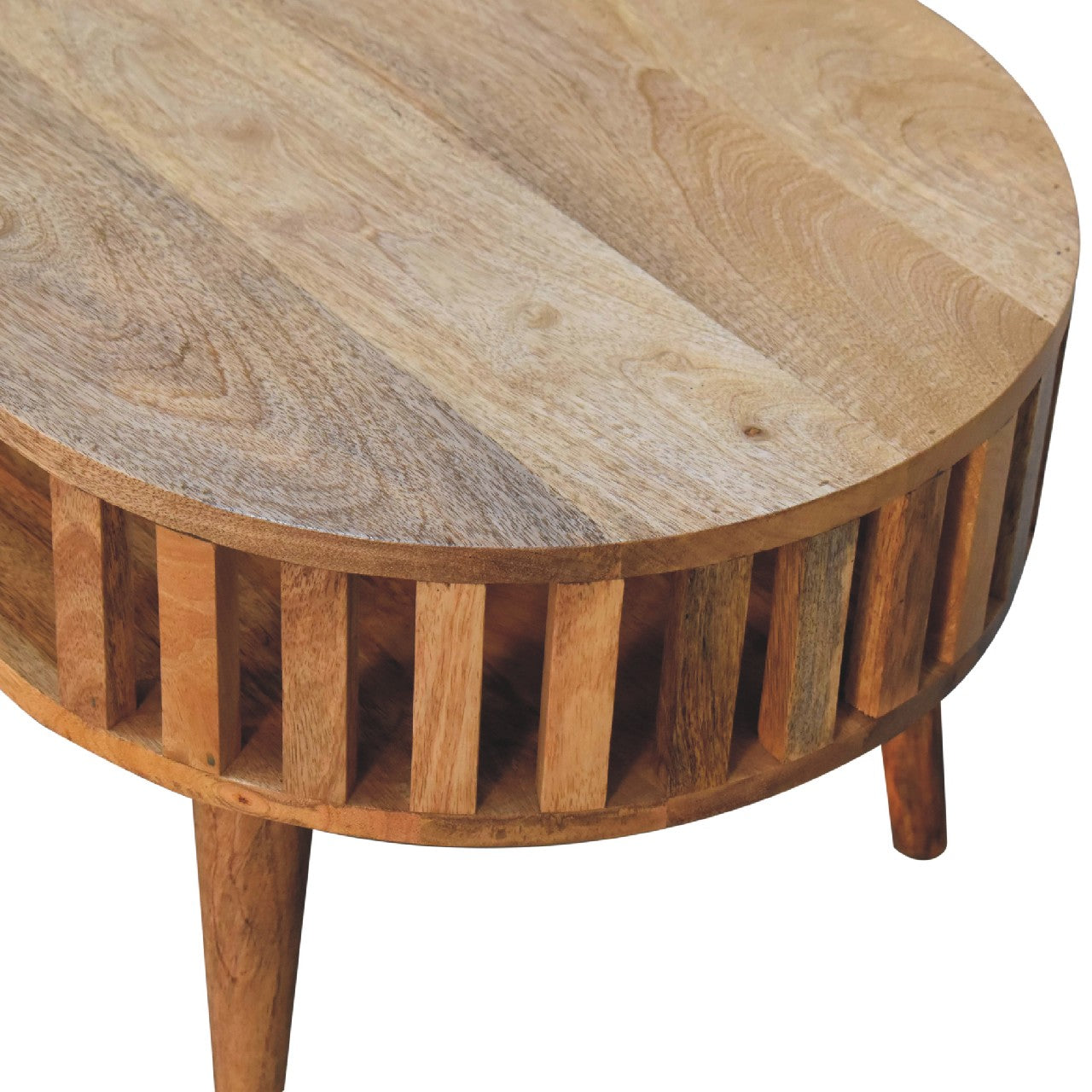 Round Oak Coffee Table with Open Shelf — Solid Mango Wood