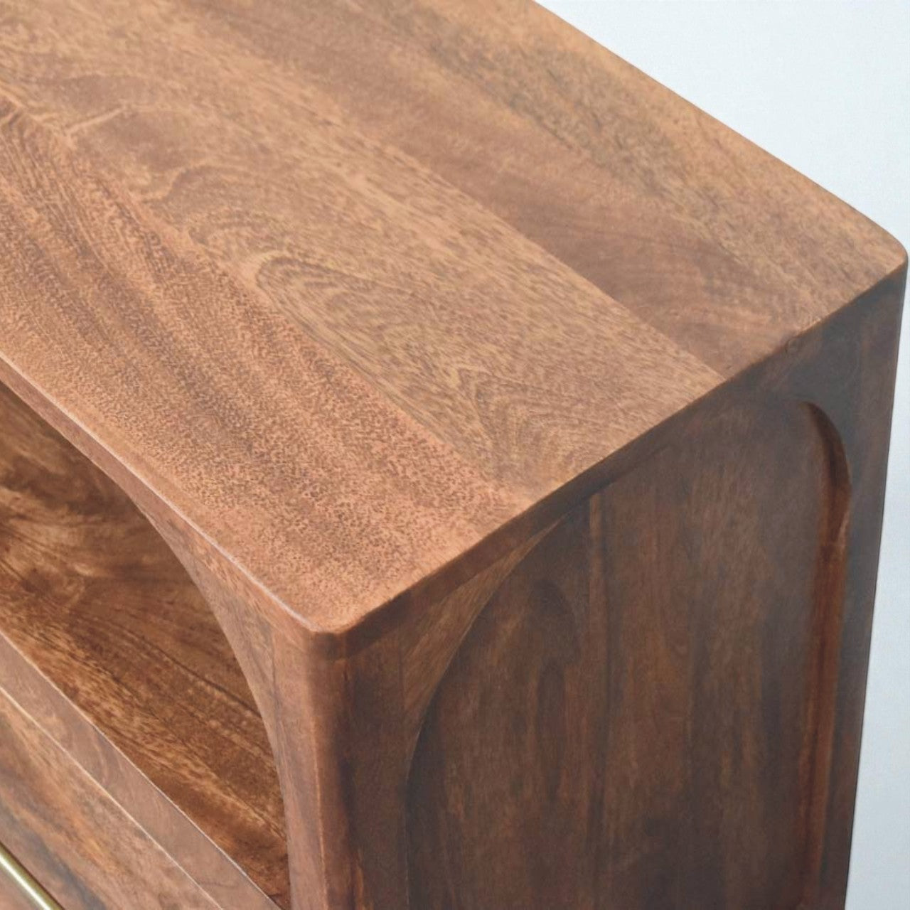 Arc-Line Solid Mango Wood Media Console – Roasted Almond Finish