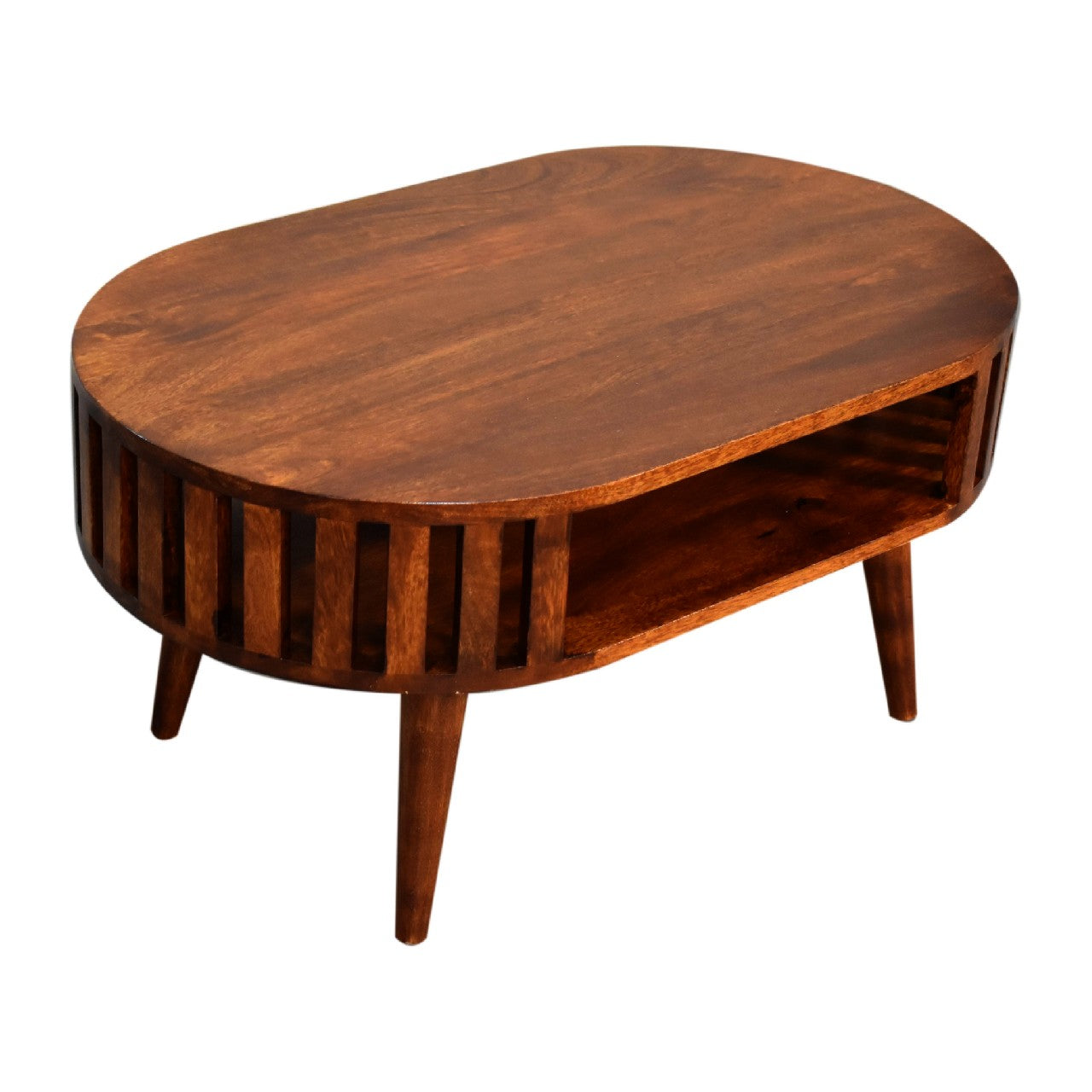 Round Walnut Coffee Table with Open Shelf — Solid Mango Wood