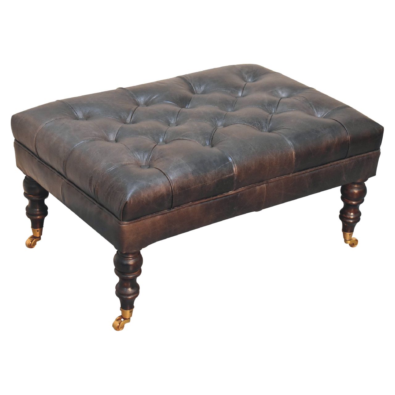 Buffalo Ash Black Leather Bench Ottoman – Solid Mango Wood Castor Legs