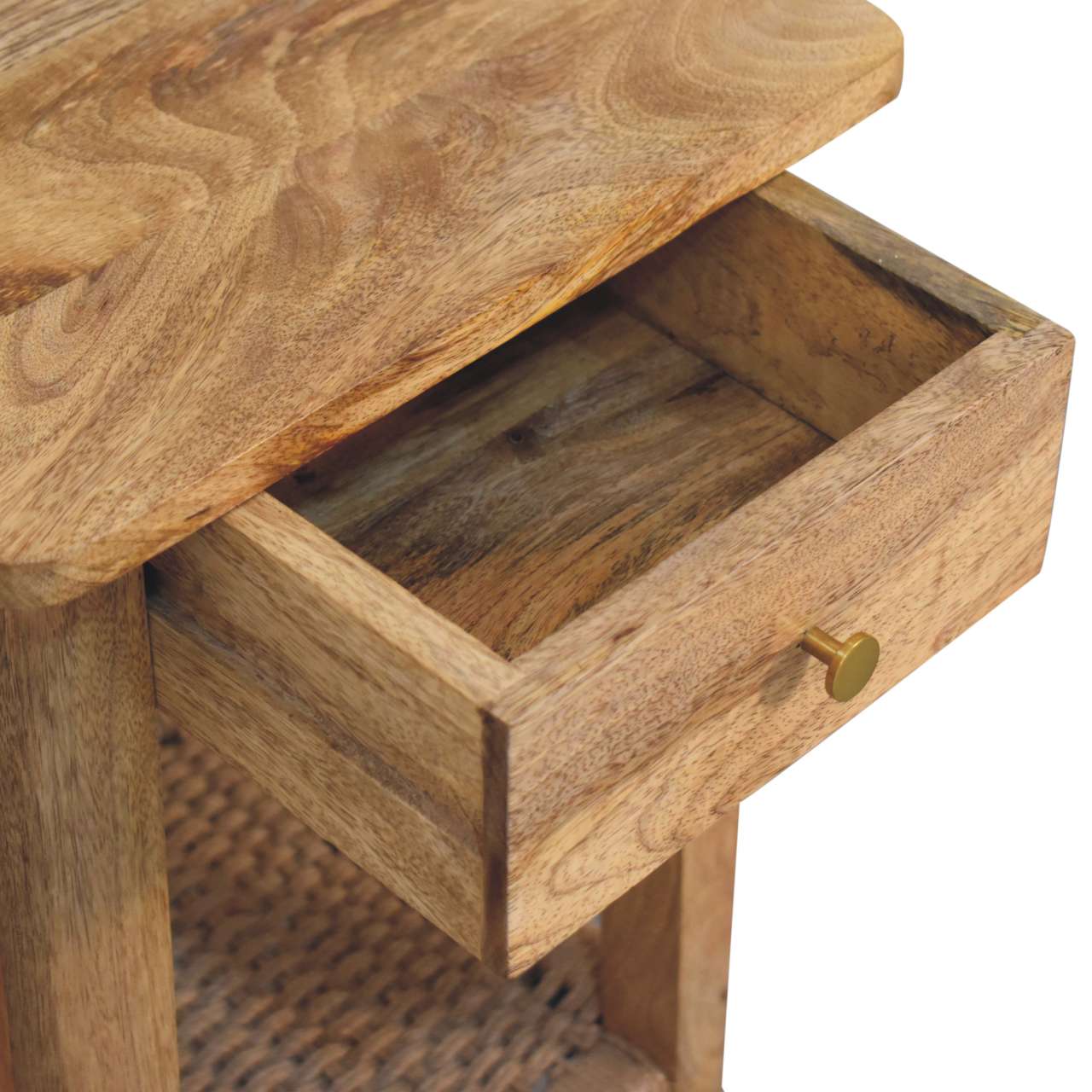 Oak Parquet End Table with Rope Shelf — Solid Mango Wood