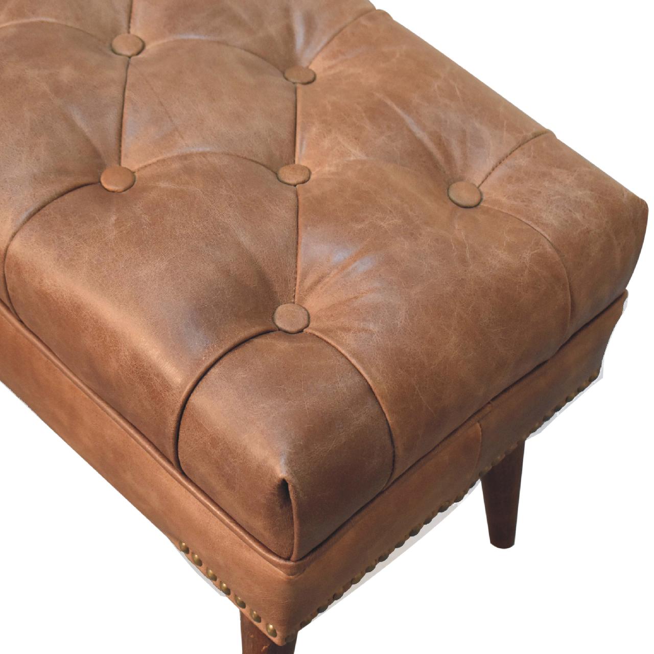 Harbour Brown Leather Bench – Tufted Buffalo Hide & Solid Wood Legs