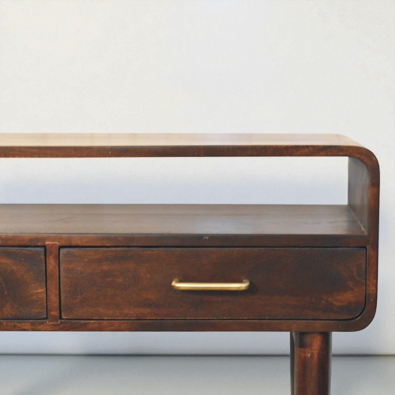 Apollo Curved Console Desk – Solid Mango Wood with Brass Accents