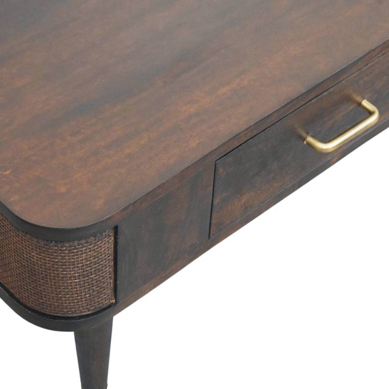 Velvet Mocha Coffee Table with Drawer & Brass Accents – Elegant Solid Mango Wood Table