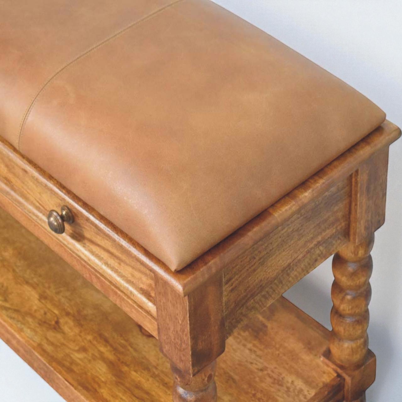 Handmade Mango Wood Entryway Bench with Cushion – Vintage Turned Legs & Storage Drawers