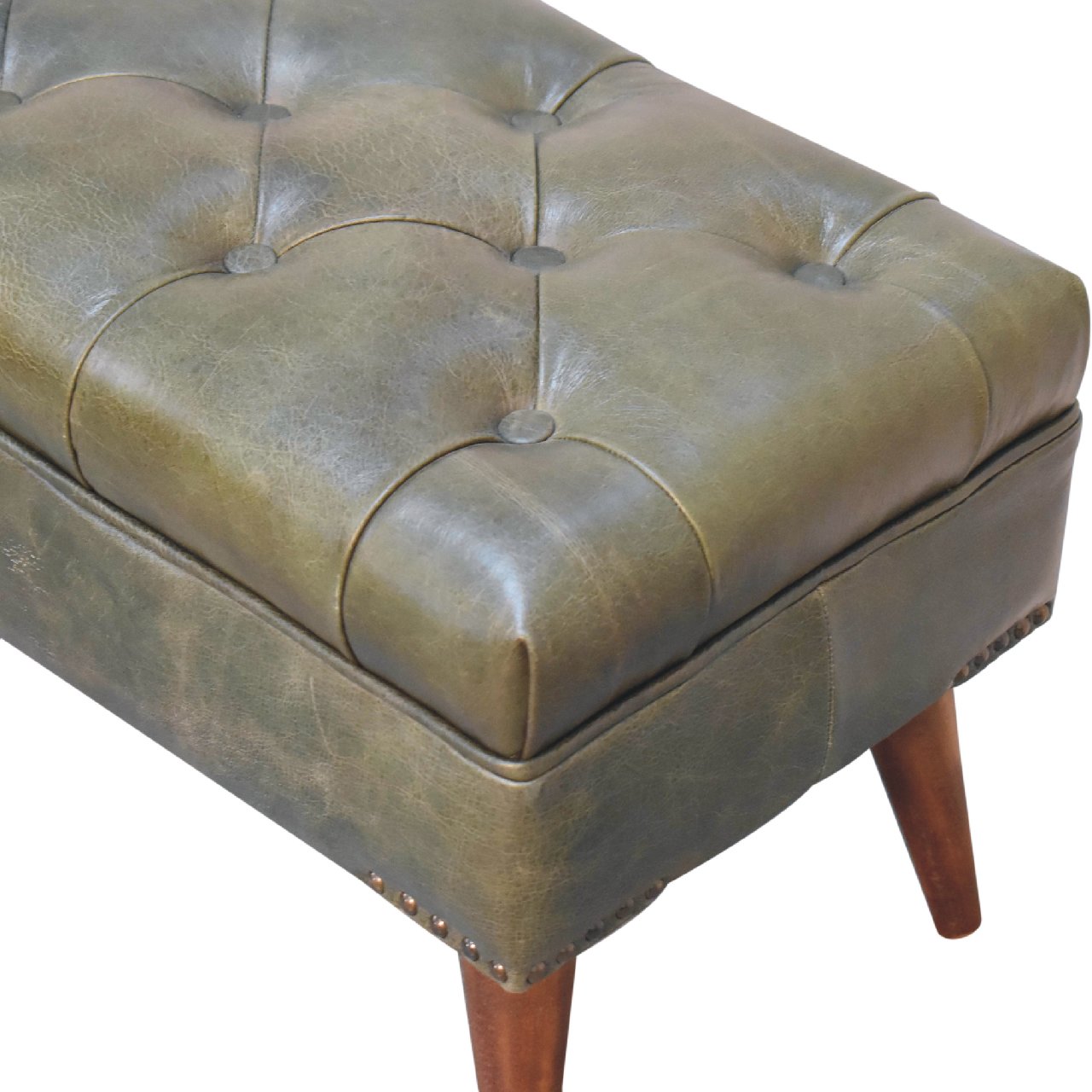 Harbour Green Leather Bench – Olive Buffalo Hide & Solid Wood Legs