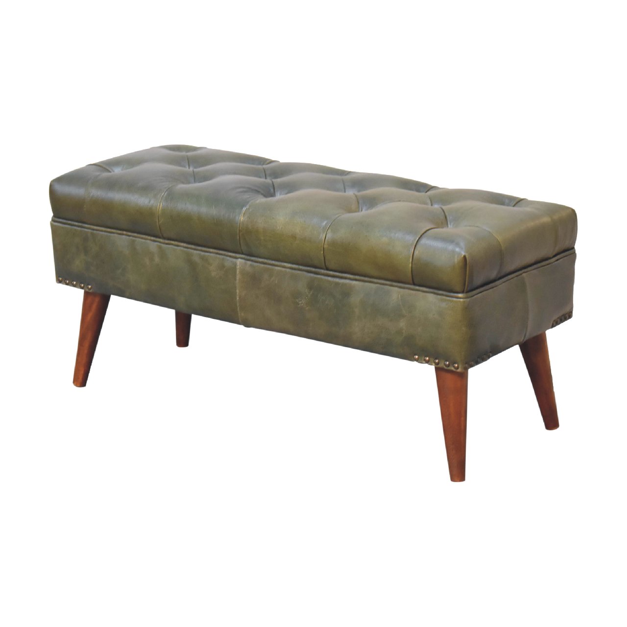Harbour Green Leather Bench – Olive Buffalo Hide & Solid Wood Legs